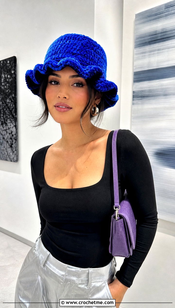 Velvet Yarn Ruffle Bucket Hat With Satin Pants - 25 Crochet Bucket Hat With Ruffles outfit ideas