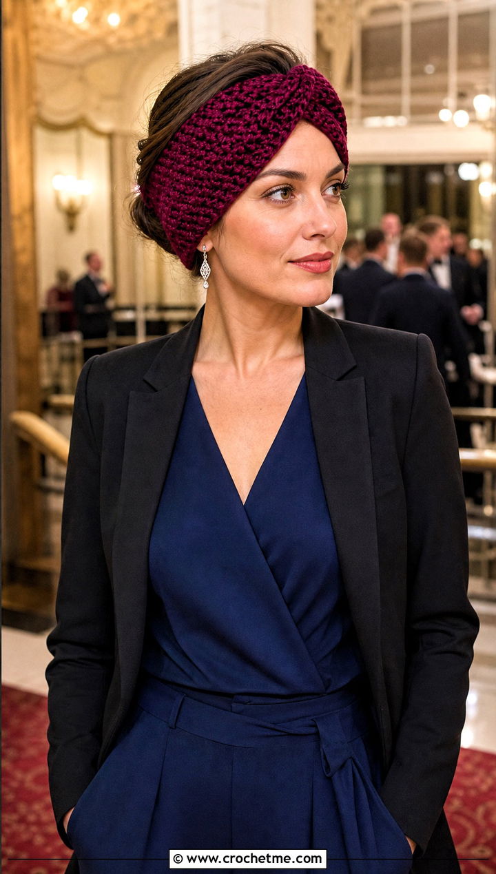 Velvet Yarn Twist Crochet Ear Warmer With Evening Jumpsuit - 25 twist crochet ear warmer outfit ideas