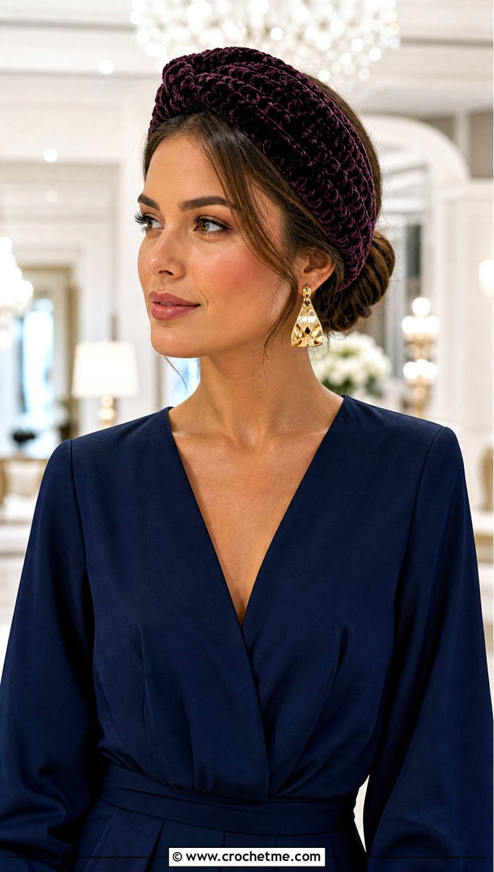 Velvet Yarn Twisted Knot Crochet Headband With Evening Jumpsuit - 15 Twisted Knot Crochet Headband outfit ideas