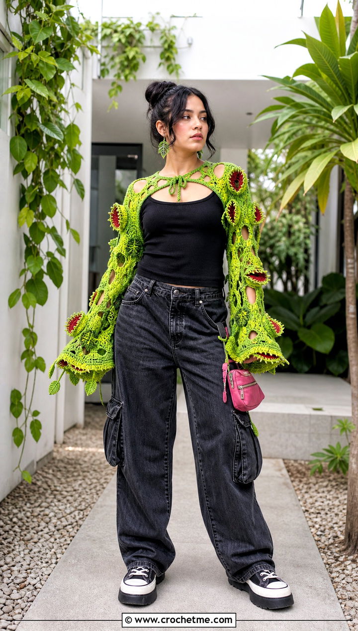 Venus McFlytrap Vine Crochet Shrug With Cargo Jeans - 30 monster high crochet clothes and outfit ideas
