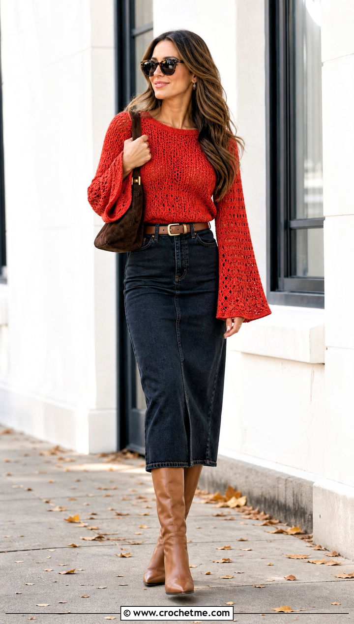 Vermilion Bell Sleeve Crochet Sweater With Denim Midi Skirt - 15 Red Crocheted Sweater Close-Up outfit ideas