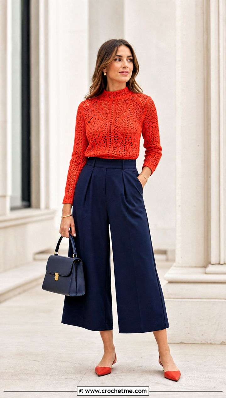 Vermilion Crochet Mock Neck Sweater With Culottes - 35 crochet light sweater outfit ideas