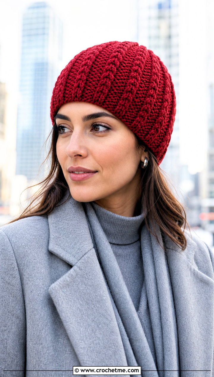 Vertical Cable Crochet Beanie With Monochrome Outfit - 25 crochet cable beanie outfit ideas