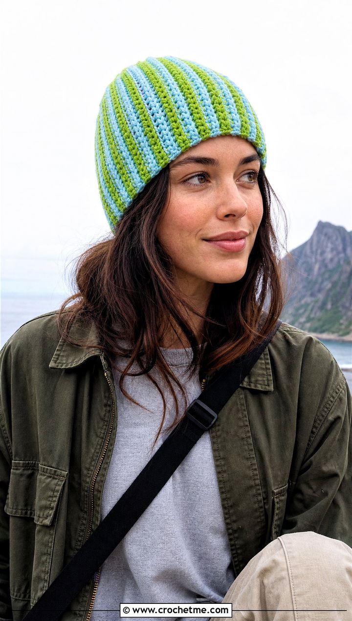 Vertical Rib Striped Crochet Beanie With Utility Jacket - 25 striped crochet beanie outfit ideas
