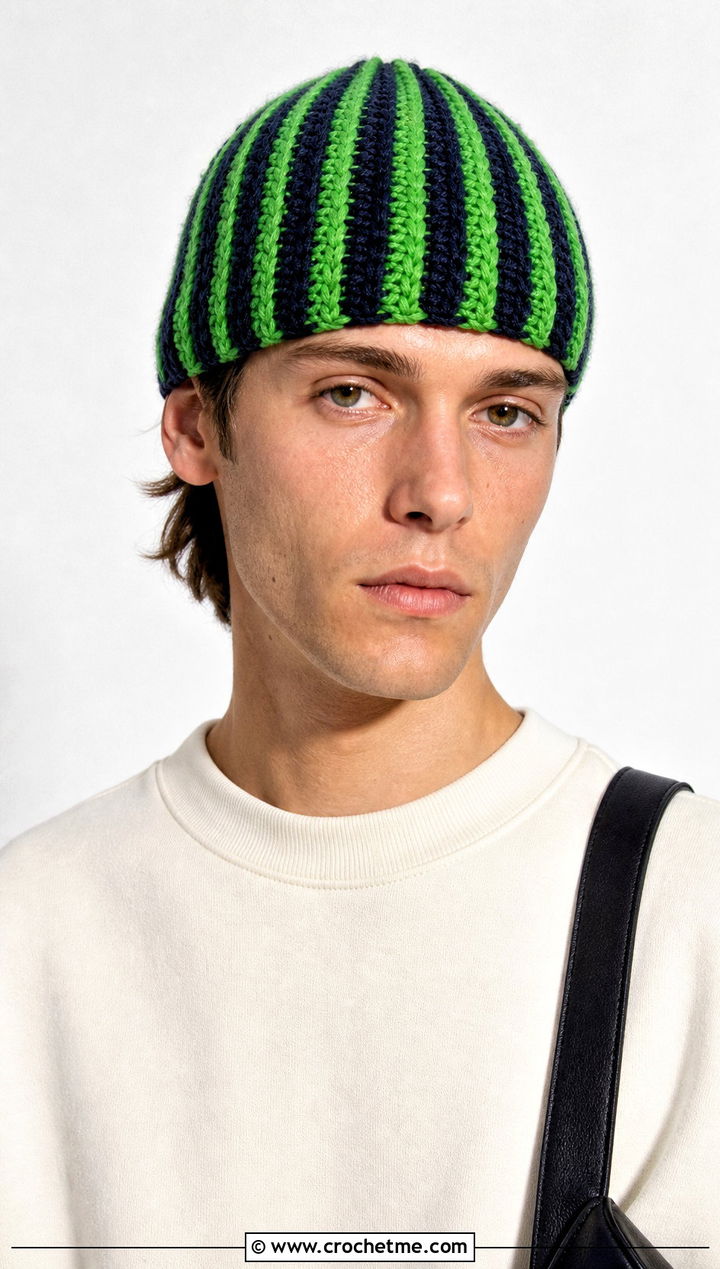 Vertical Stripe Crochet Beanie With Minimalist Outfit - 15 mens striped crochet beanie outfit ideas