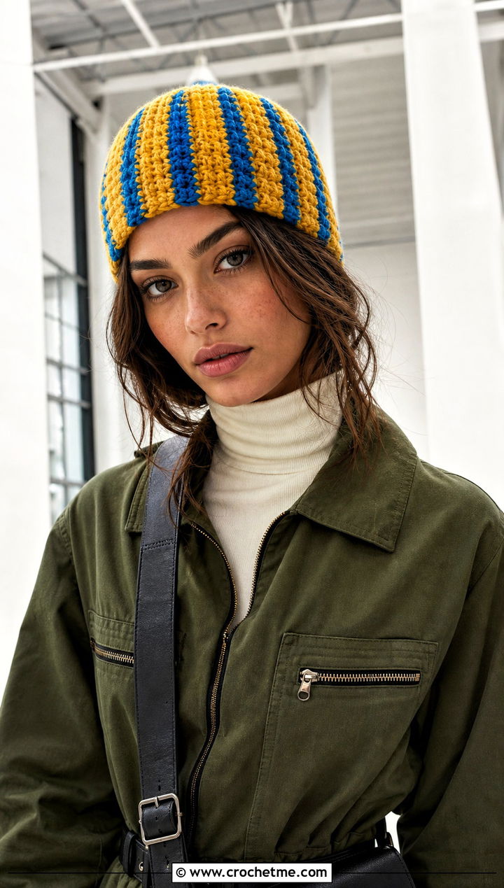 Vertical Stripe Crochet Beanie With Utility Jumpsuit - 30 two color crochet beanie outfit ideas