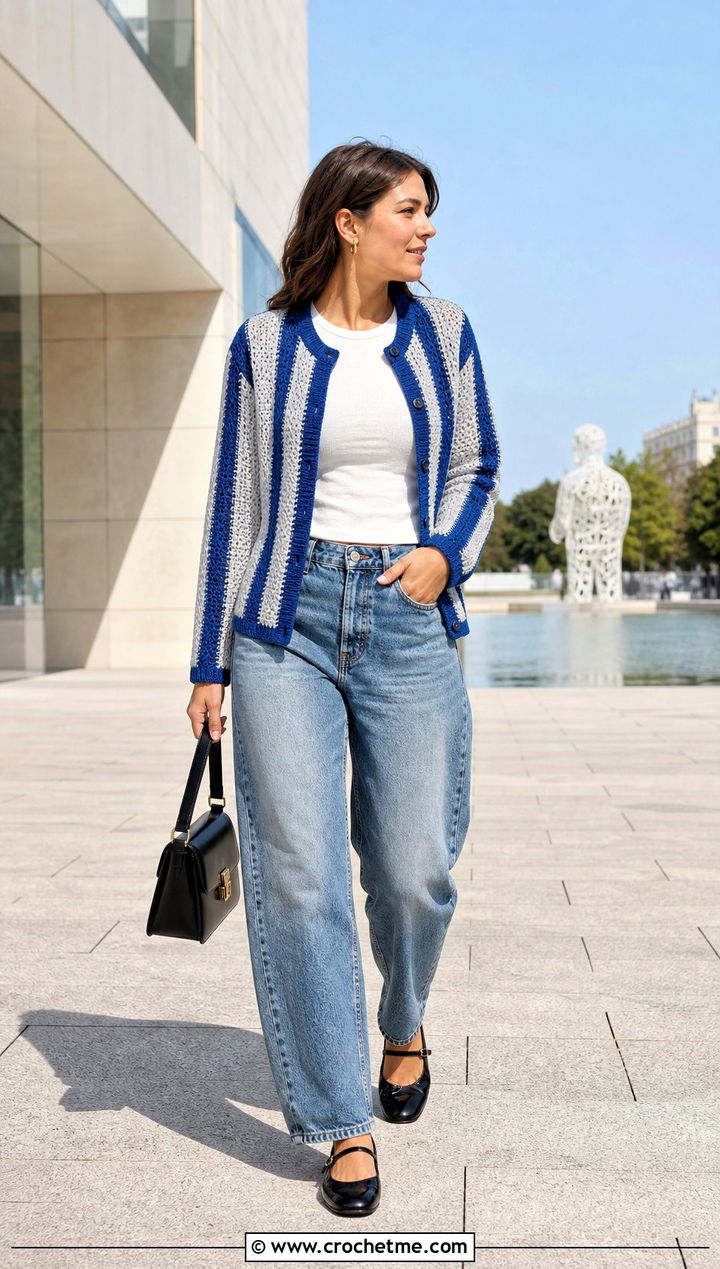 Vertical Stripe Crochet Cardigan With Barrel Jeans - 35 crochet striped cardigan outfit ideas
