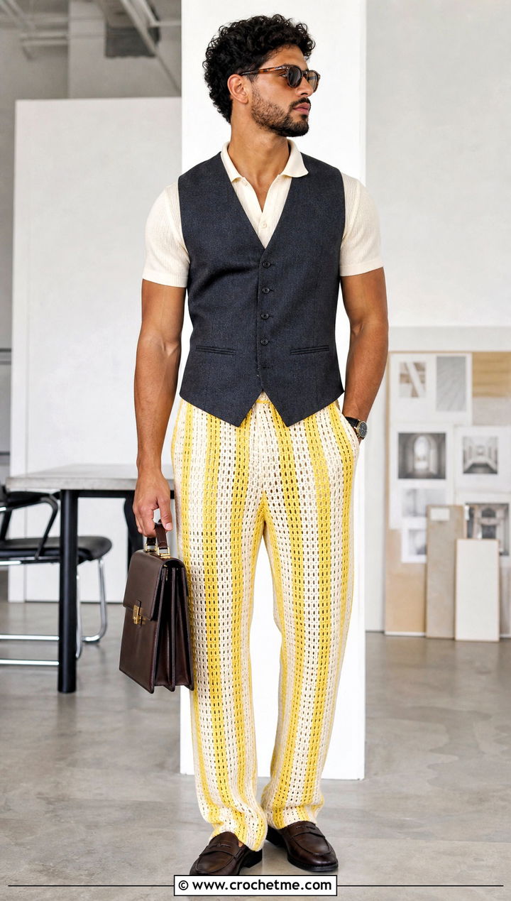Vertical Stripe Crochet Pants With Tailored Vest - 30 mens crochet pants outfit ideas