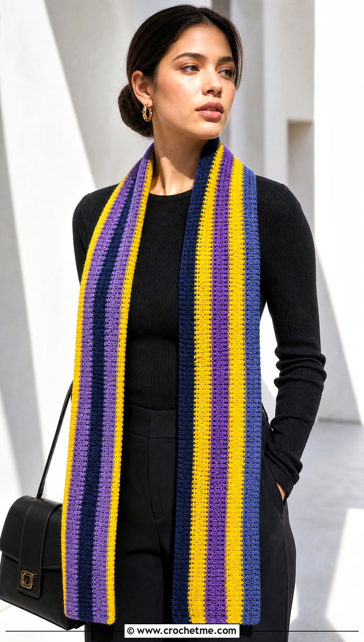 Vertical Stripe Crochet Scarf With Monochrome Outfit - 30 Stripe Crochet Scarf outfit ideas