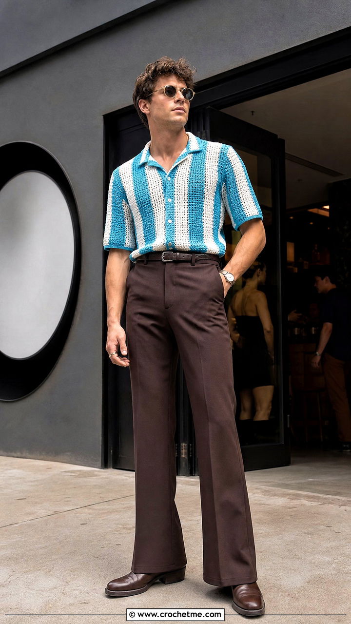 Vertical Stripe Crochet Shirt With Flared Trousers - 35 crochet shirts for men outfit ideas