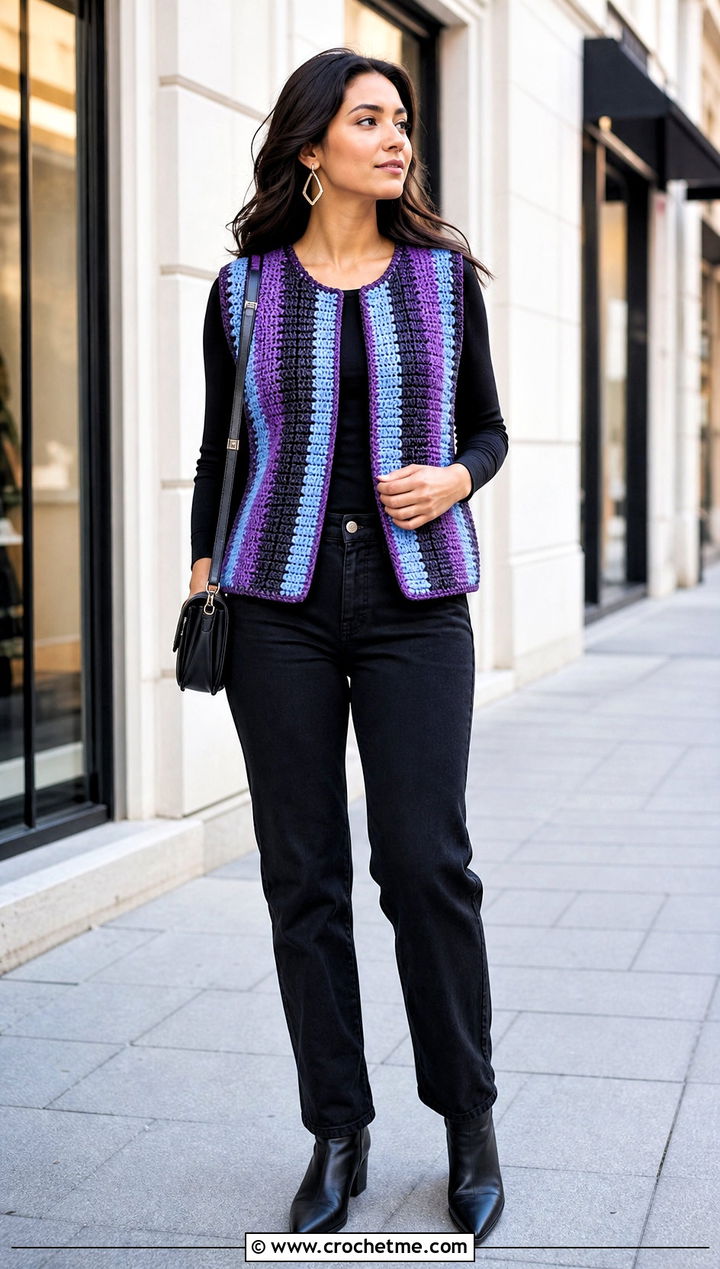 Vertical Stripe Crochet Vest With Black Jeans - 25 crochet vest stripes outfit ideas