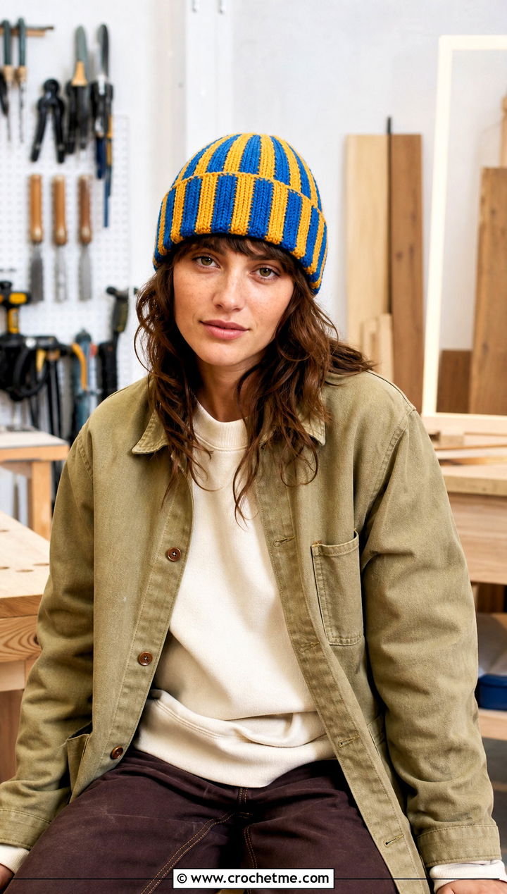 Vertical Stripe Two Color Crochet Beanie With Chore Jacket - 30 2 color crochet beanie hat outfit ideas