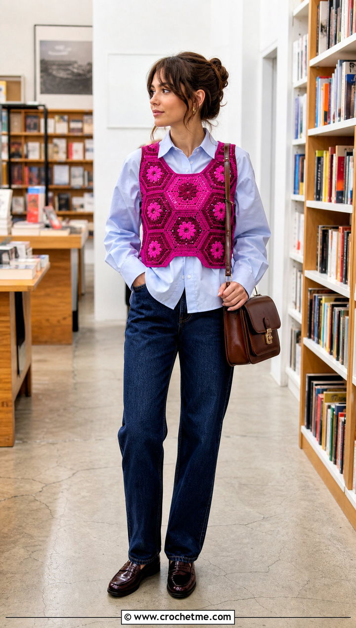 Vest Style Hexagon Crop Top With Button Down Shirt - 25 crochet hexagon crop top outfit ideas