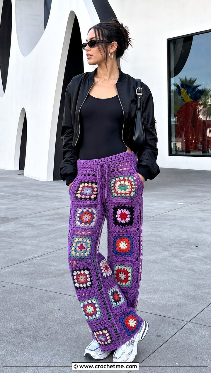Vibrant Violet Granny Square Crochet Wrap Pants With Black Bodysuit - 15 crochet wrap around pants outfit ideas