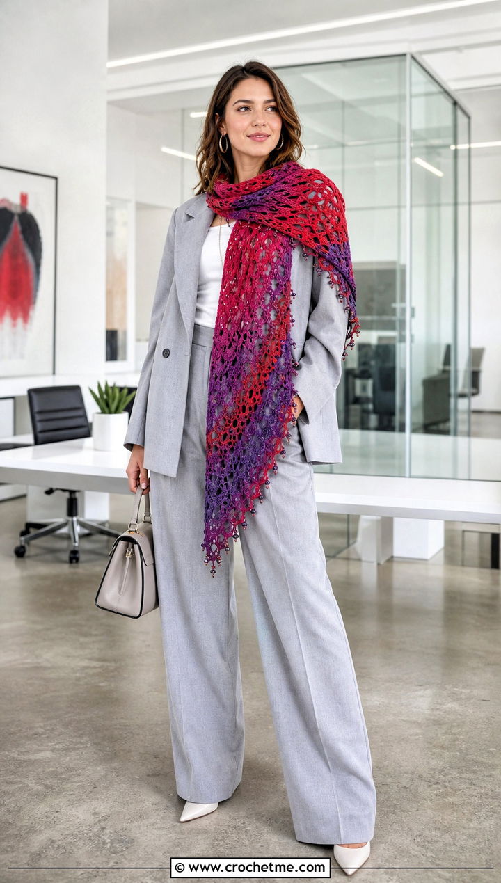 Vibrant Violet Lost Souls Shawl With Gray Trouser Suit - 35 crochet lost souls shawl outfit ideas