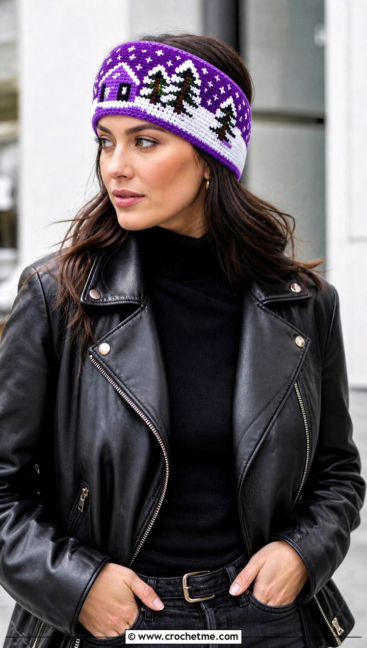 Vibrant Violet Mosaic Crochet Winter Wonderland Headband With Leather Jacket - 15 Mosaic Crochet Winter Wonderland Headband outfit ideas