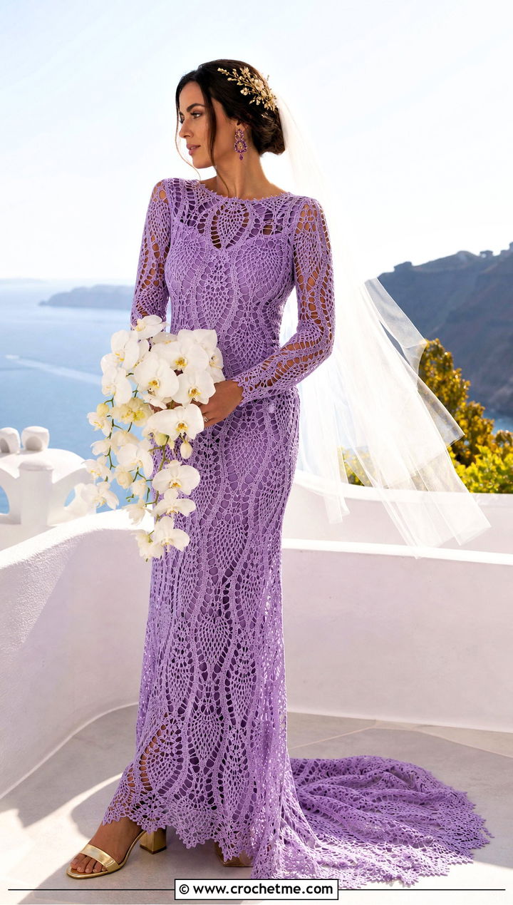 Vibrant Violet Pineapple Lace Long Sleeve Crochet Wedding Dress With Gold Heels - 15 long sleeve crochet wedding dress outfit ideas