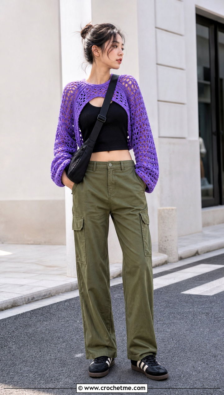 Vibrant Violet Raglan Crochet Sweater With Cargo Pants - 35 crochet light sweater outfit ideas
