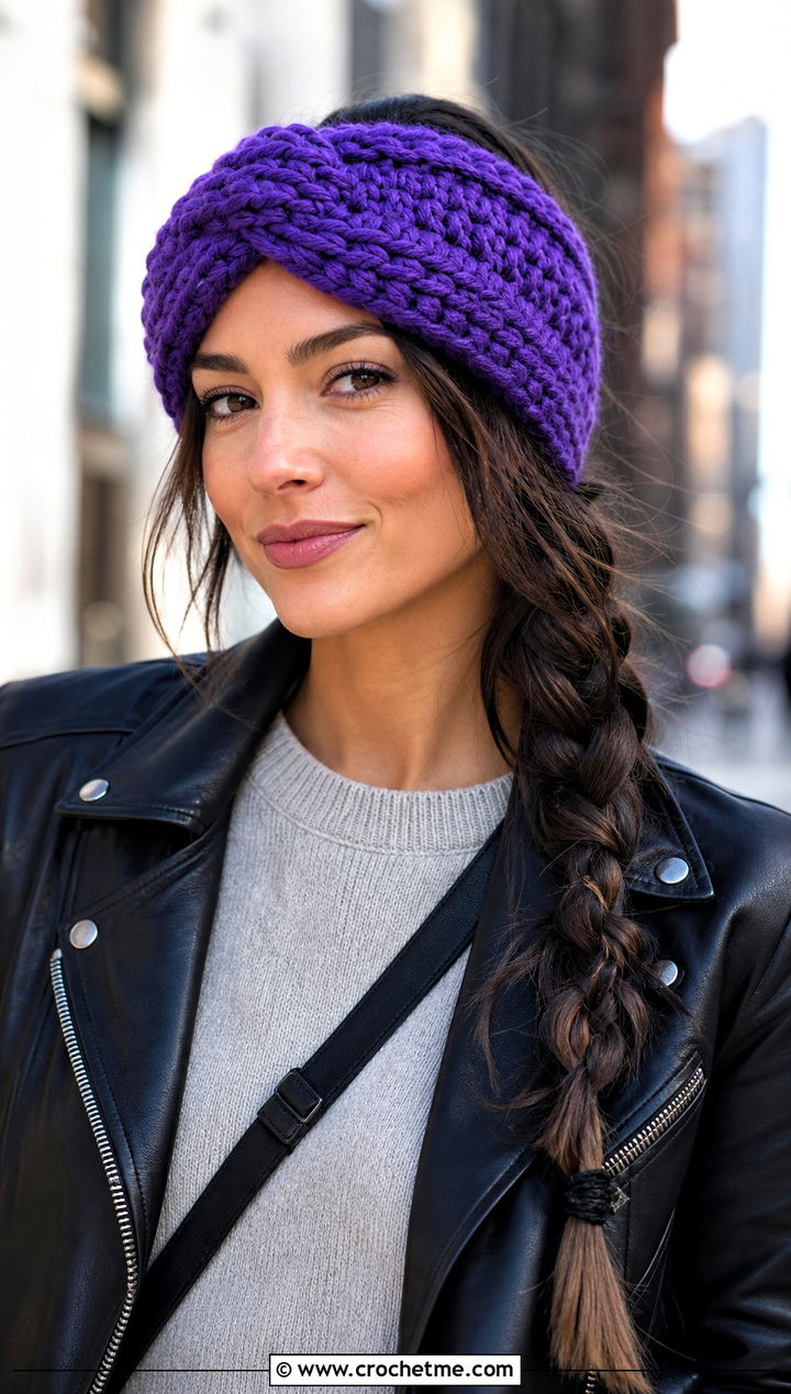 Vibrant Violet Ravencraft Crochet Earwarmer With Leather Jacket And Black Jeans - 15 ravencraft crochet earwarmer outfit ideas