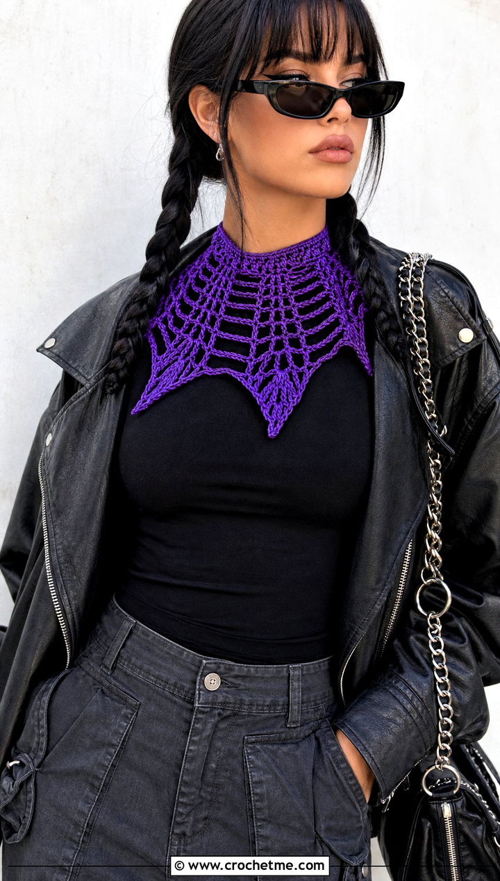 Vibrant Violet Spiderweb Crochet Collar With Leather Jacket - 15 wednesday addams crochet collar outfit ideas