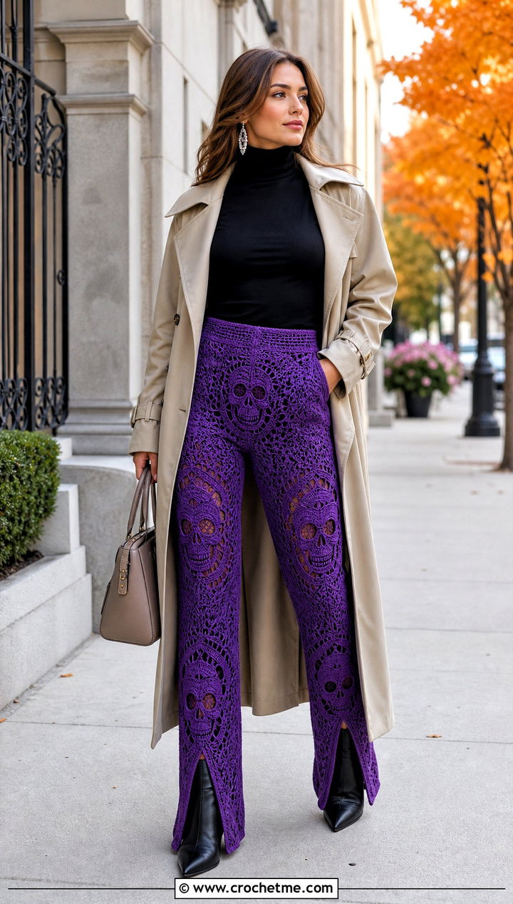 Vibrant Violet Split Hem Crochet Skull Pants With Trench Coat - 25 Crochet Skull Pants outfit ideas
