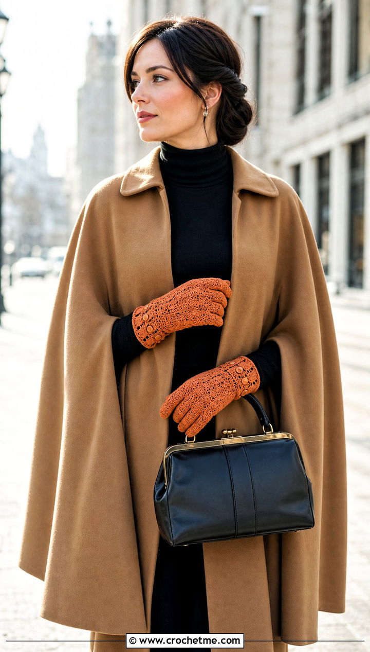 Victorian Button Back Crochet Gloves With A Cape Coat - 25 Vintage Crochet Gloves outfit ideas