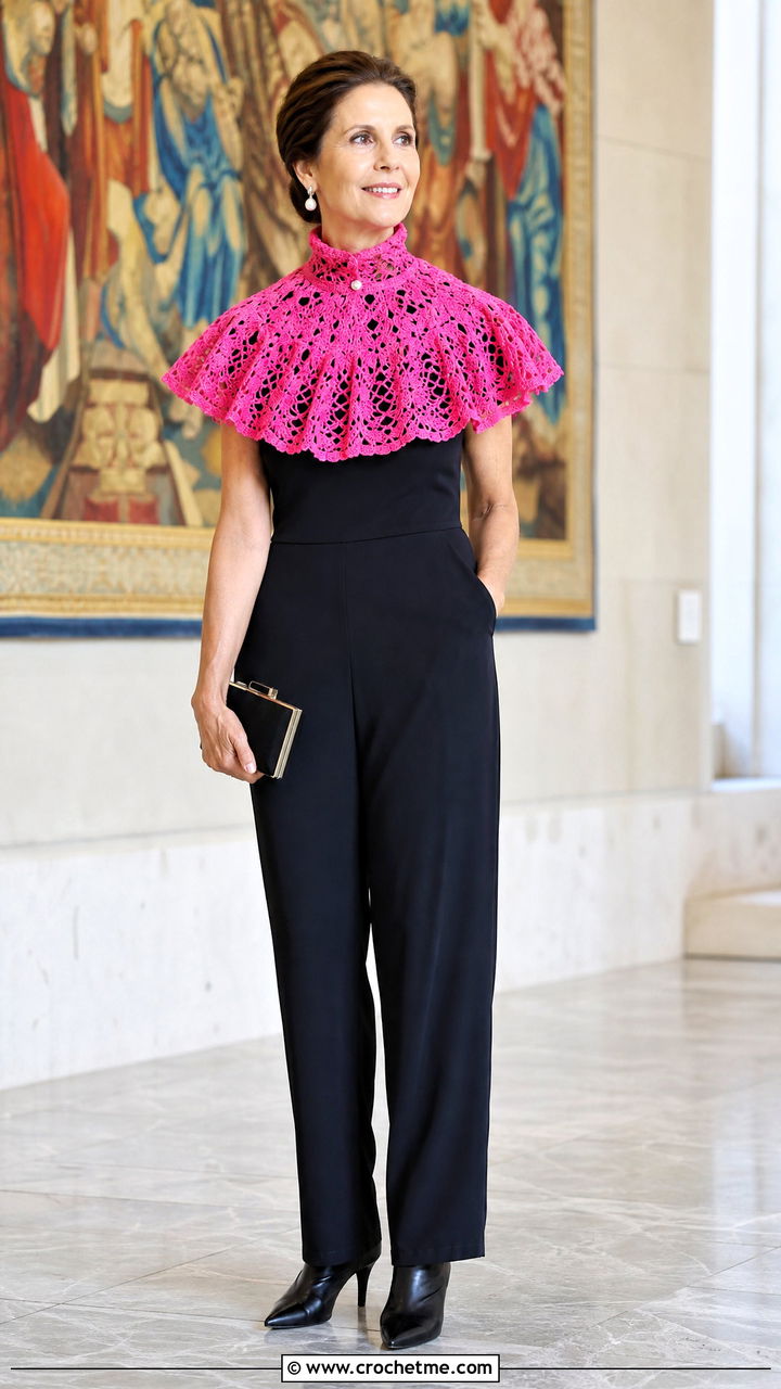 Victorian Collar Crochet Capelet With Black Jumpsuit - 35 crochet capelet outfit ideas