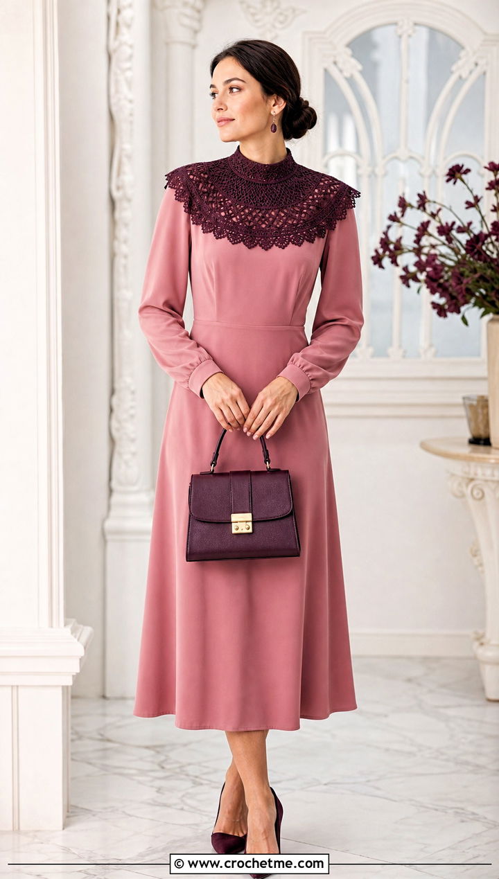 Victorian Crochet Collar With Midi Dress - 15 beginner crochet collar outfit ideas