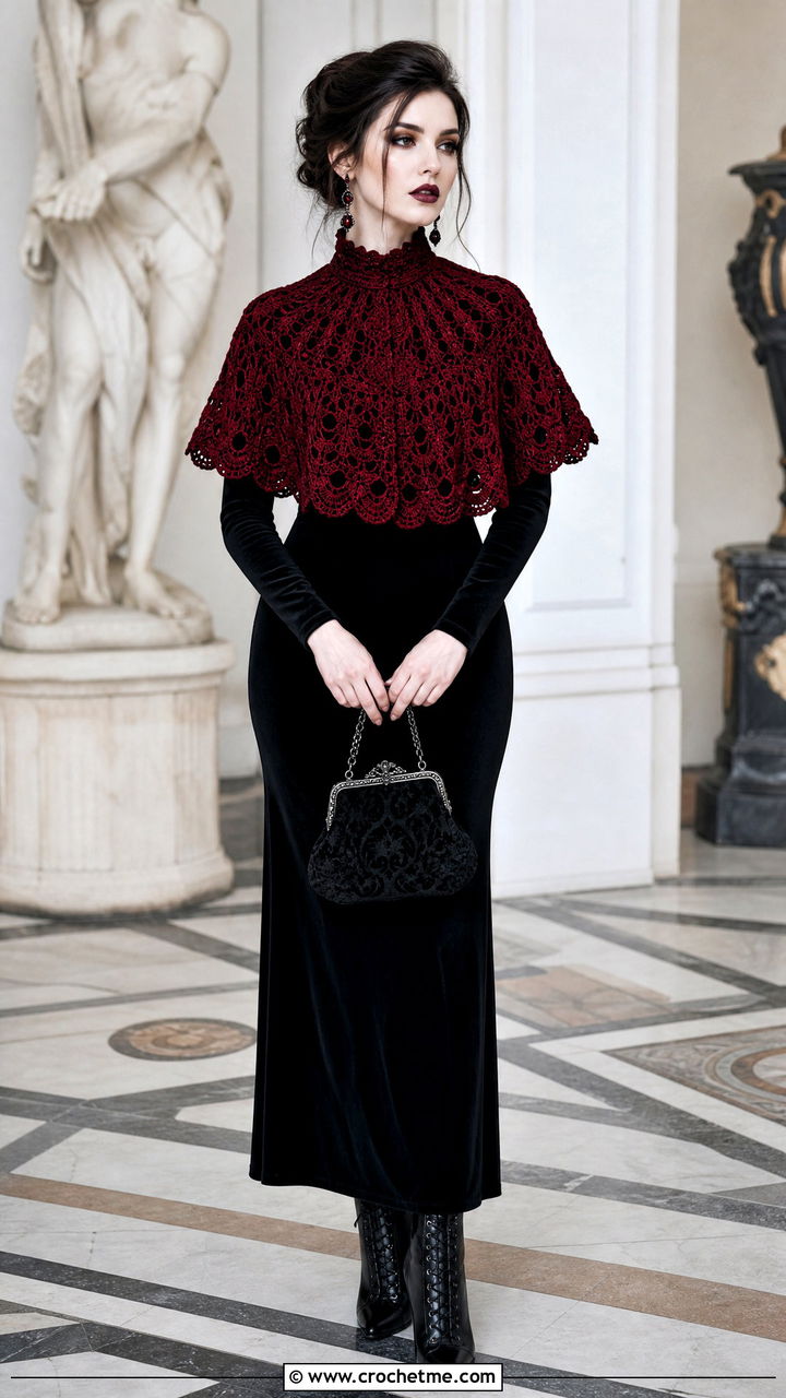 Victorian Crochet Goth Capelet With Maxi Dress - 35 Crochet Goth Clothes and outfit ideas
