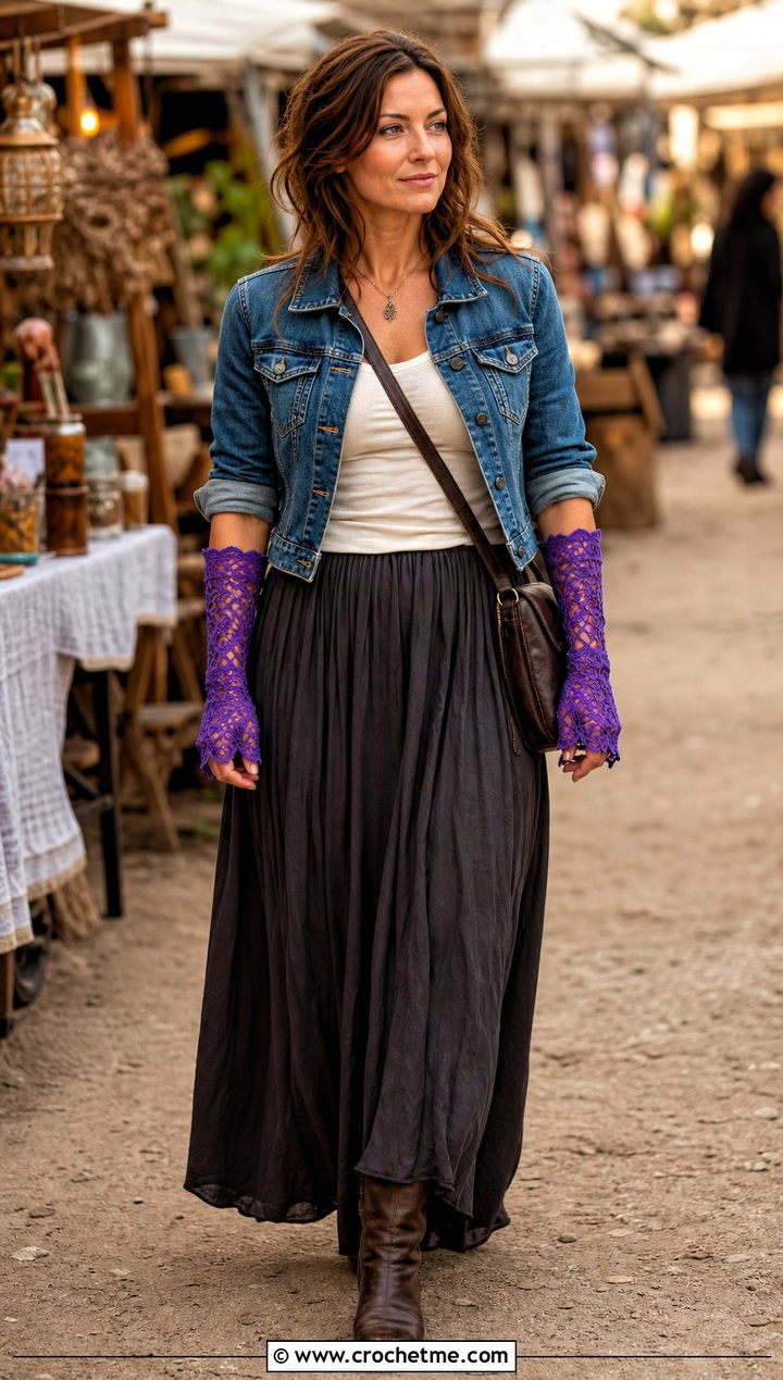 Victorian Crochet Lace Gauntlets With Denim Jacket And Maxi Skirt - 30 crochet lace gloves outfit ideas