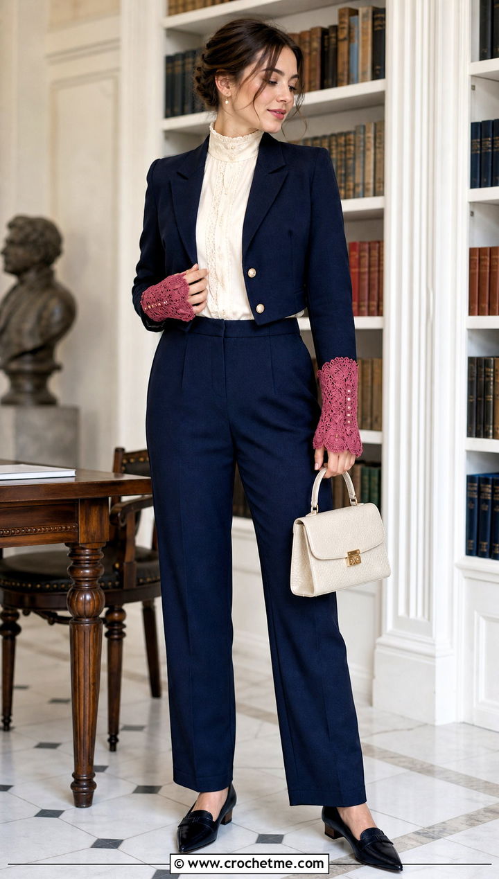 Victorian Crochet Wrist Warmers With High Neck Blouse - 35 crochet hand warmer outfit ideas