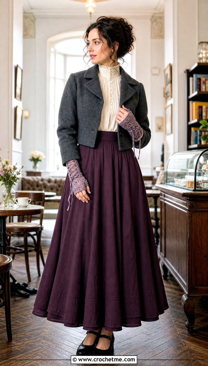 Victorian Crochet Wrist Warmers With Maxi Skirt - 35 crochet wrist warmers outfit ideas
