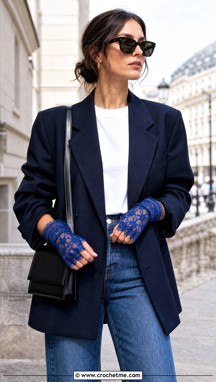 Victorian Fingerless Lace Gloves With Blazer And Jeans - 15 Vintage Lace Crochet Gloves outfit ideas