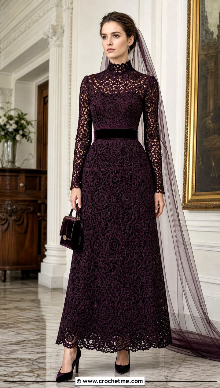 Victorian High Neck Crochet Wedding Dress With Velvet Accessories - 20 vintage crochet wedding dress outfit ideas