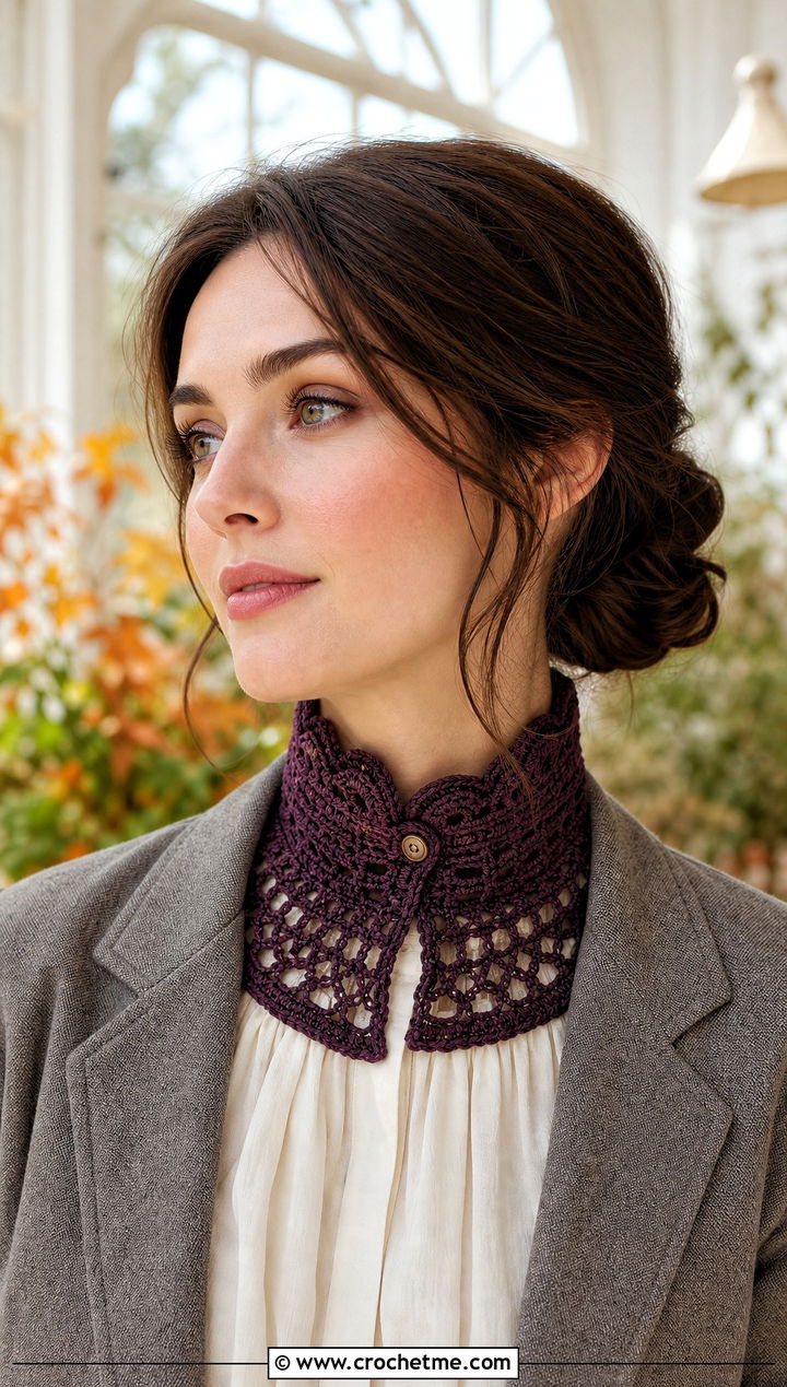 Victorian High Neck Crocheted Collar With Blazer And Maxi Skirt - 15 Crocheted Collars outfit ideas