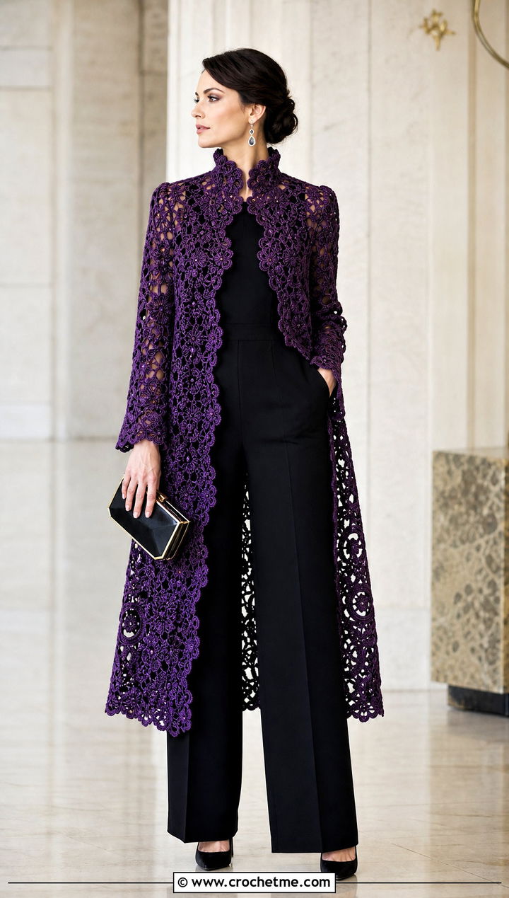 Victorian Irish Crochet Coat With Wide Leg Jumpsuit - 25 irish crochet coat outfit ideas