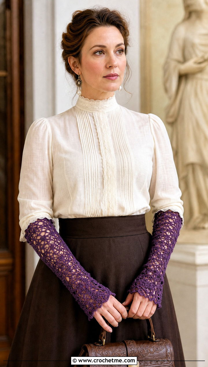Victorian Lace Crochet Arm Warmers With High Neck Blouse - 15 crochet arm warmers vintage-styled outfit ideas