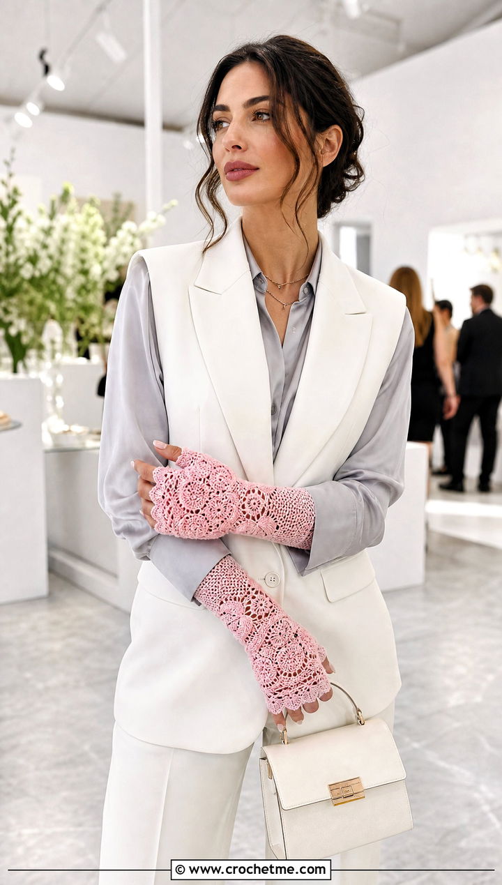 Victorian Lace Crochet Fingerless Mitts With Modern Suit - 30 crochet half gloves fingerless mitts outfit ideas