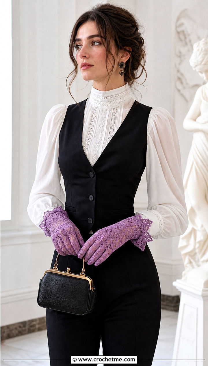 Victorian Lace Crochet Gloves With High Neck Blouse - 25 crochet glove outfit ideas