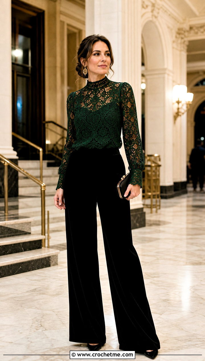 Victorian Lace Crochet Top With Velvet Pants - 25 vintage crochet top outfit ideas