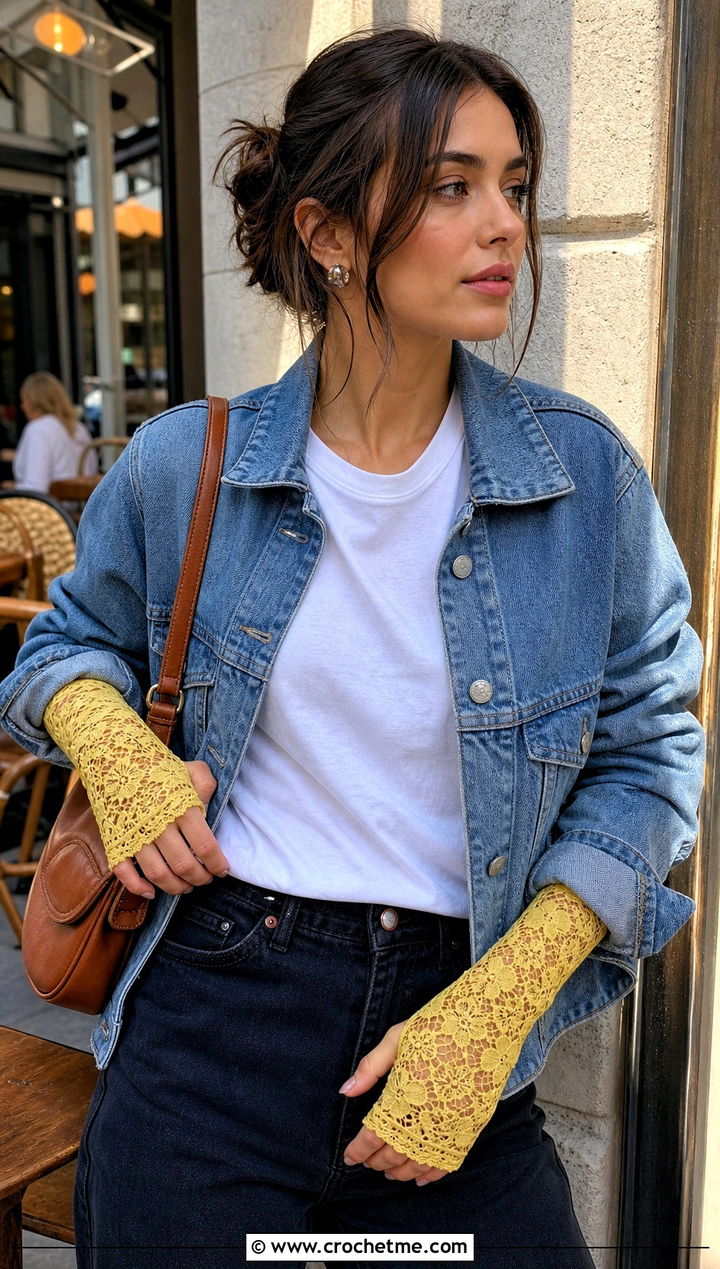 Victorian Lace Fingerless Gloves With Denim Jacket - 25 lace crochet gloves outfit ideas