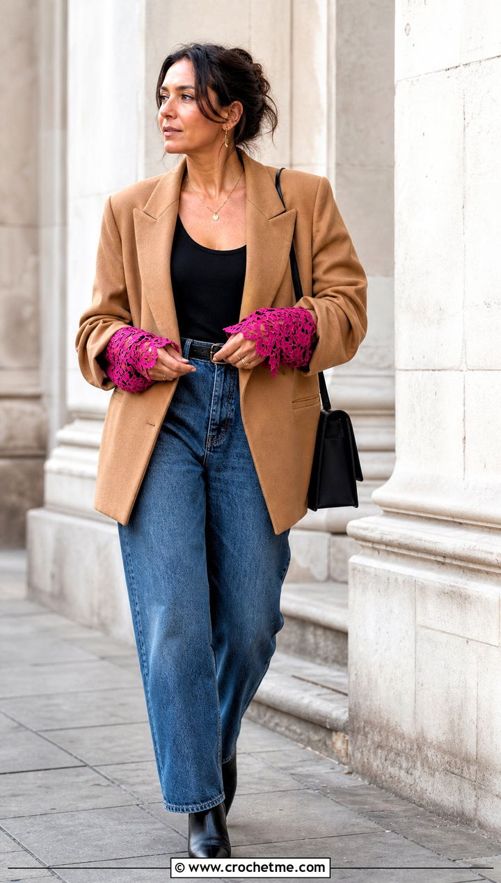 Victorian Lace Wrist Cuffs With Blazer And Jeans - 30 easy crochet hand warmers outfit ideas