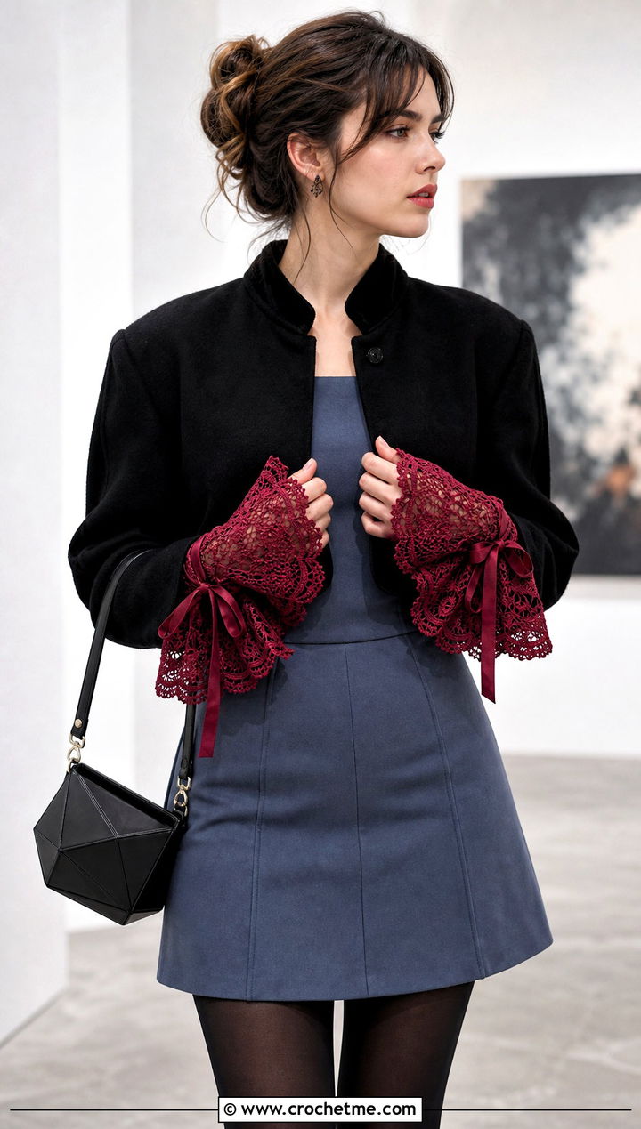 Victorian Lace Wristers With Modern Mini Dress - 20 Crochet Lace Hand Warmers outfit ideas