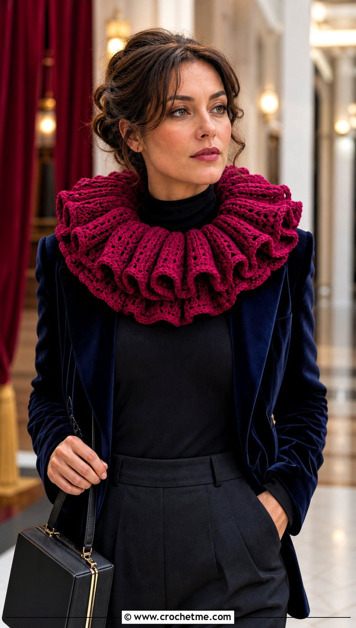 Victorian Ruff Clown Crochet Collar With Velvet Blazer - 25 Clown Crochet Ruffle Collar outfit ideas