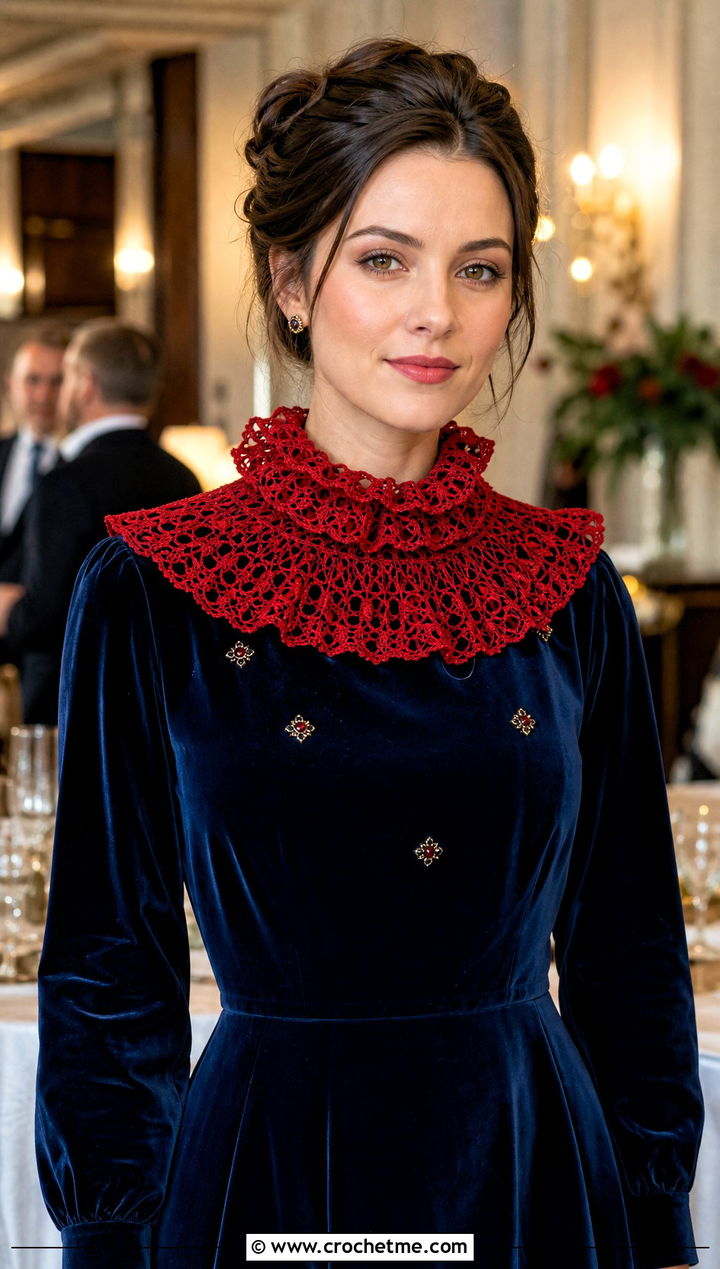 Victorian Ruffle Crochet Collar With Velvet Midi Dress - 15 Crochet Collar For Wedding outfit ideas