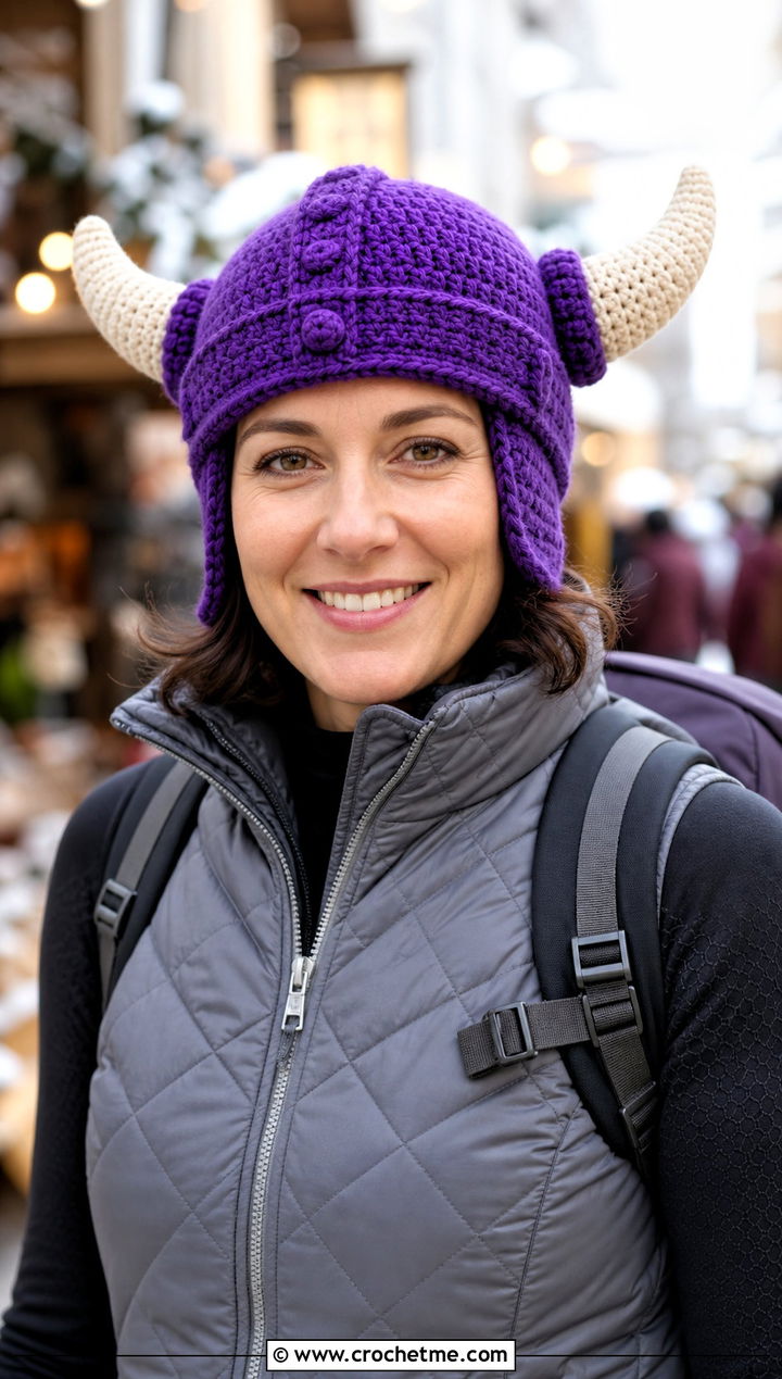 Viking Horn Helmet Hat With Puffer Vest - 30 crochet hat with horns outfit ideas
