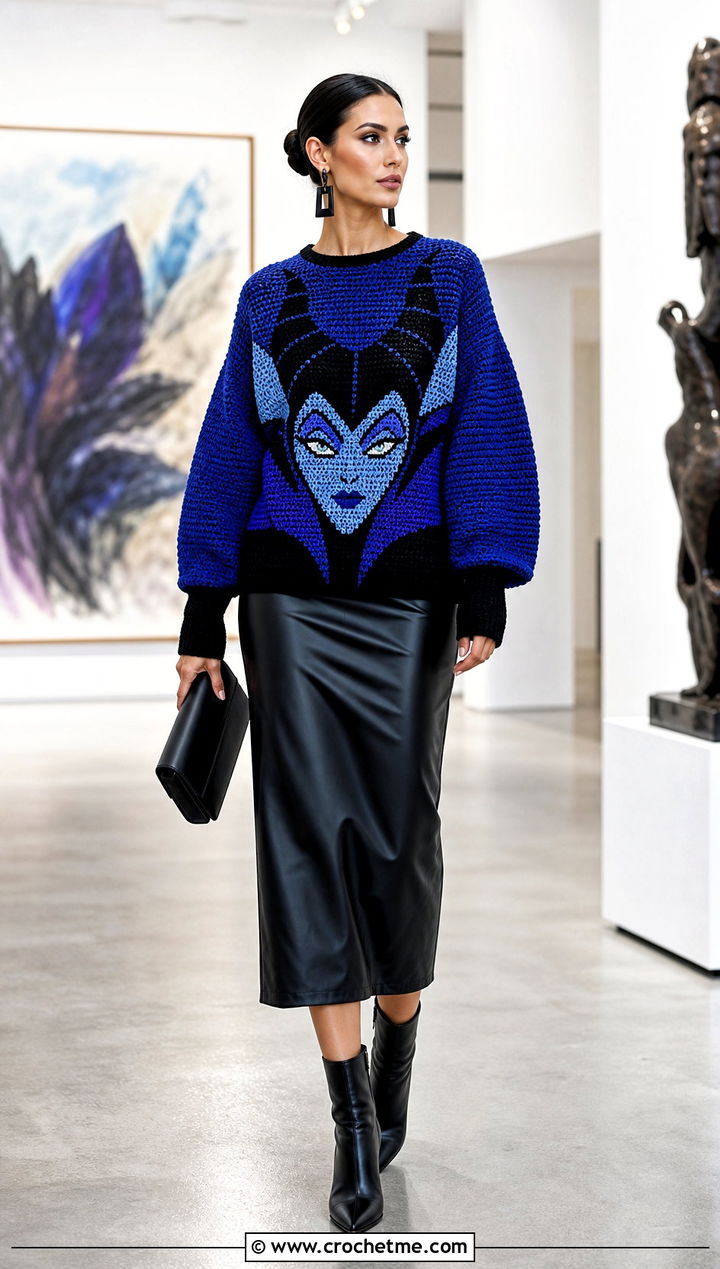 Villain Graphic Crochet Sweater With Faux Leather Midi Skirt - 30 Anime Crochet Sweater outfit ideas