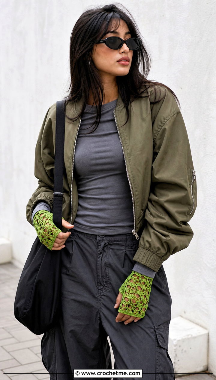 Vine And Lattice Fingerless Gloves With Cargo Pants - 15 Crochet Lacy Fingerless Gloves outfit ideas