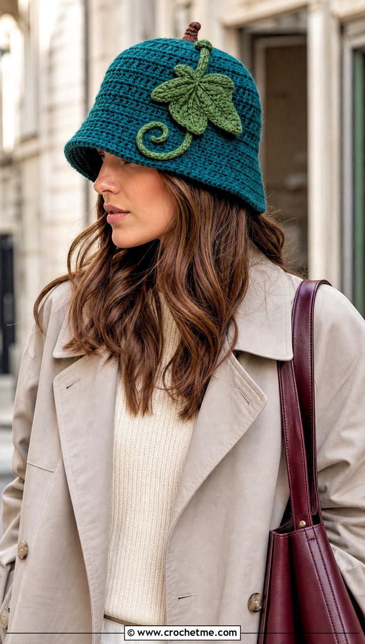Vine And Leaf Pumpkin Bucket Hat With Trench Coat - 30 crochet pumpkin bucket hat outfit ideas