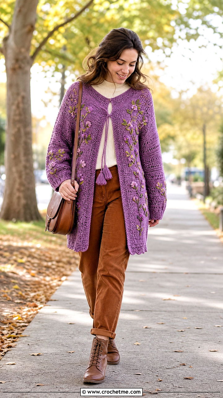 Vine Embroidered Crochet Folklore Cardigan With Corduroy Pants - 35 crochet folklore cardigan outfit ideas
